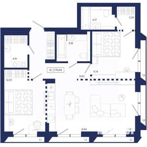 3-к квартира, вторичка, 79м2, 2/13 этаж