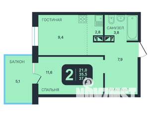 2-к квартира, вторичка, 37м2, 6/17 этаж