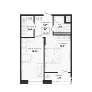 2-к квартира, строящийся дом, 41м2, 4/9 этаж