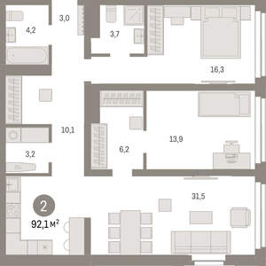 2-к квартира, вторичка, 92м2, 2/23 этаж
