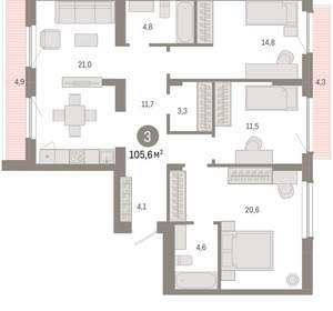 3-к квартира, вторичка, 106м2, 9/12 этаж