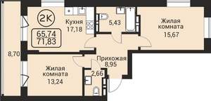 2-к квартира, вторичка, 66м2, 24/24 этаж