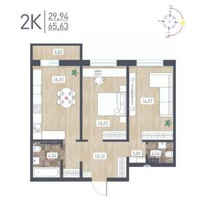 2-к квартира, строящийся дом, 66м2, 12/17 этаж