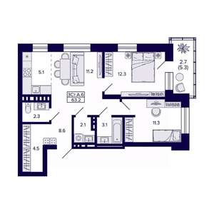 3-к квартира, вторичка, 63м2, 8/10 этаж
