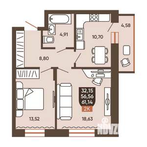 2-к квартира, вторичка, 61м2, 12/19 этаж