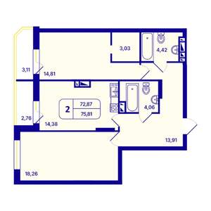 2-к квартира, вторичка, 76м2, 2/26 этаж