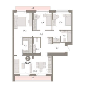 3-к квартира, вторичка, 96м2, 9/12 этаж