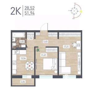 2-к квартира, строящийся дом, 52м2, 11/17 этаж