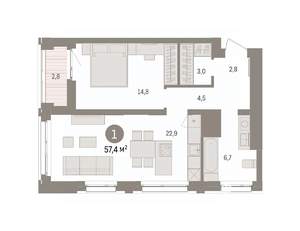 1-к квартира, вторичка, 57м2, 11/16 этаж