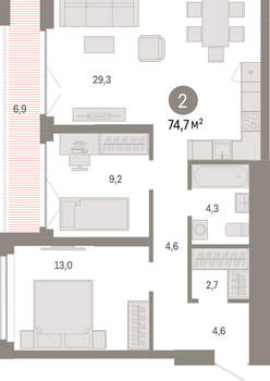 2-к квартира, вторичка, 75м2, 20/23 этаж