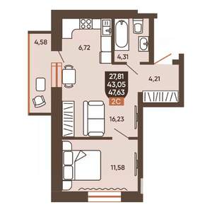 2-к квартира, вторичка, 48м2, 6/19 этаж