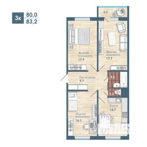 3-к квартира, строящийся дом, 83м2, 2/18 этаж