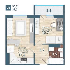 1-к квартира, строящийся дом, 39м2, 14/18 этаж