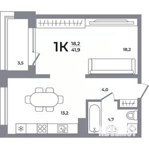 1-к квартира, вторичка, 41м2, 4/12 этаж