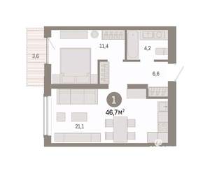 1-к квартира, вторичка, 47м2, 6/8 этаж