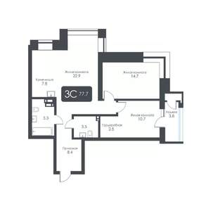 3-к квартира, строящийся дом, 78м2, 7/30 этаж