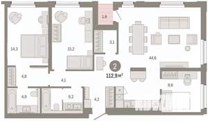 2-к квартира, вторичка, 113м2, 7/9 этаж
