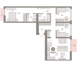 3-к квартира, вторичка, 92м2, 6/23 этаж