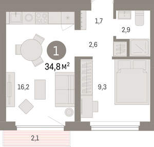 1-к квартира, вторичка, 35м2, 6/12 этаж