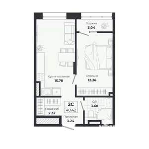 2-к квартира, строящийся дом, 37м2, 6/9 этаж