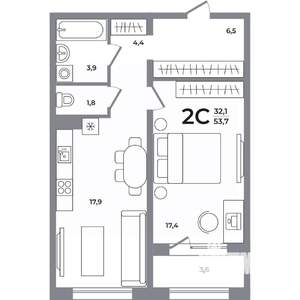 2-к квартира, вторичка, 54м2, 7/17 этаж