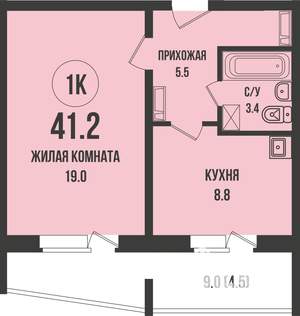 1-к квартира, строящийся дом, 41м2, 2/13 этаж