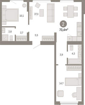 2-к квартира, вторичка, 73м2, 9/12 этаж