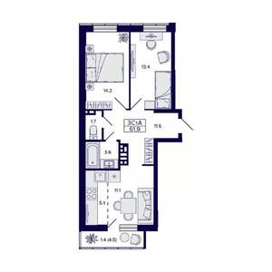 3-к квартира, вторичка, 62м2, 2/15 этаж