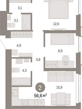 2-к квартира, вторичка, 57м2, 2/23 этаж