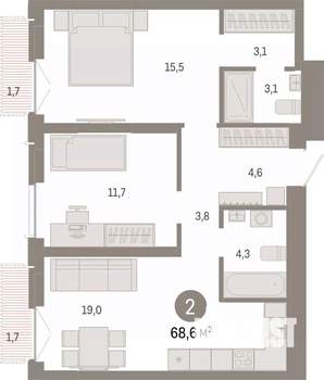 2-к квартира, вторичка, 69м2, 3/23 этаж
