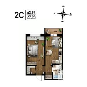 2-к квартира, строящийся дом, 44м2, 11/17 этаж