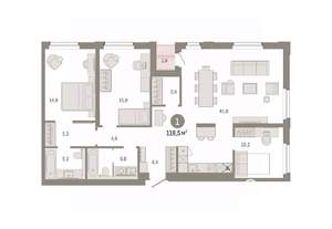 1-к квартира, вторичка, 118м2, 9/9 этаж