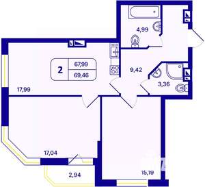 2-к квартира, вторичка, 69м2, 10/26 этаж