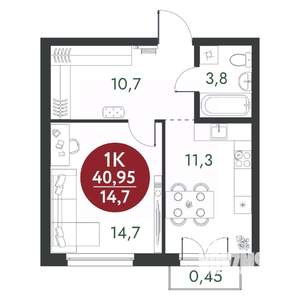 1-к квартира, вторичка, 41м2, 4/14 этаж