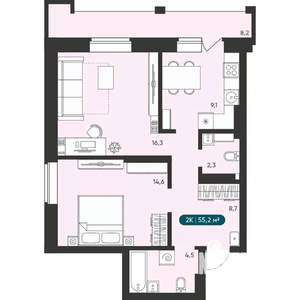 2-к квартира, вторичка, 55м2, 16/25 этаж