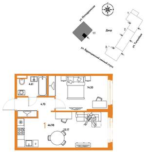 1-к квартира, вторичка, 47м2, 22/30 этаж