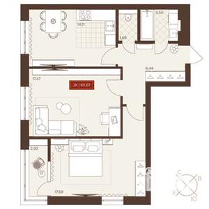 2-к квартира, вторичка, 66м2, 19/24 этаж