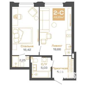 2-к квартира, строящийся дом, 49м2, 21/24 этаж