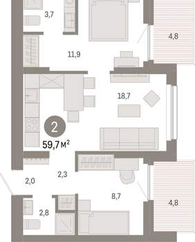 2-к квартира, вторичка, 60м2, 9/12 этаж