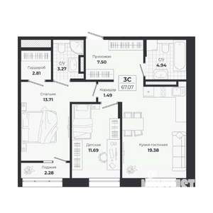 3-к квартира, строящийся дом, 65м2, 9/9 этаж
