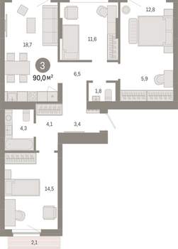 3-к квартира, вторичка, 90м2, 6/12 этаж