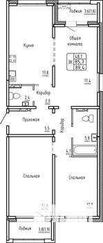 3-к квартира, строящийся дом, 89м2, 6/14 этаж