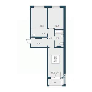 3-к квартира, строящийся дом, 67м2, 12/17 этаж