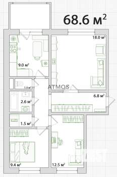 3-к квартира, вторичка, 69м2, 1/10 этаж