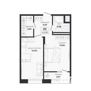 2-к квартира, строящийся дом, 41м2, 6/9 этаж