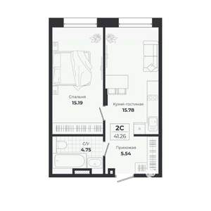 2-к квартира, строящийся дом, 41м2, 1/9 этаж