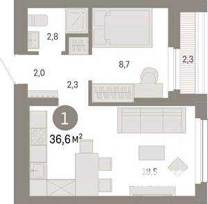 1-к квартира, вторичка, 37м2, 2/12 этаж
