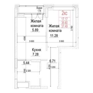 1-к квартира, строящийся дом, 37м2, 8/21 этаж