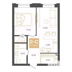 2-к квартира, строящийся дом, 47м2, 2/24 этаж