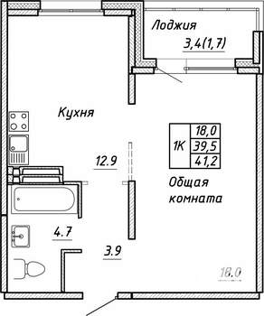 1-к квартира, строящийся дом, 41м2, 13/17 этаж